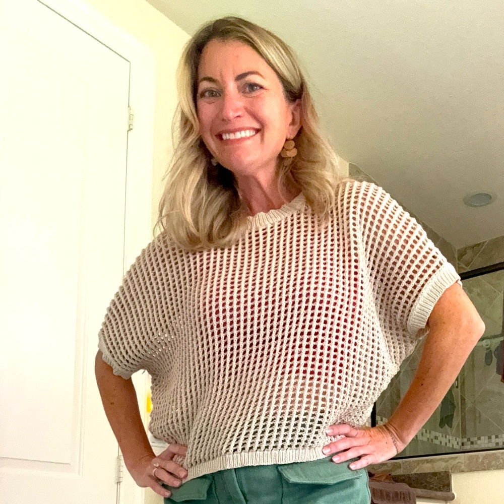 Beige Knit Short Sleeve Sweater